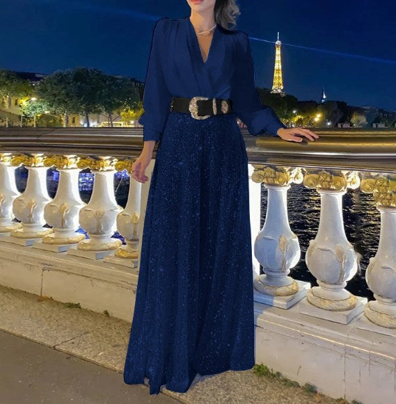 🔥HOT SALE-69% OFF💝Elegant long-sleeved blouse with V-neckline and wide sequinned jumpsuit trousers-8