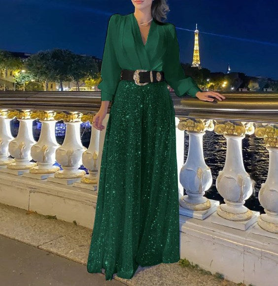 🔥HOT SALE-69% OFF💝Elegant long-sleeved blouse with V-neckline and wide sequinned jumpsuit trousers-9