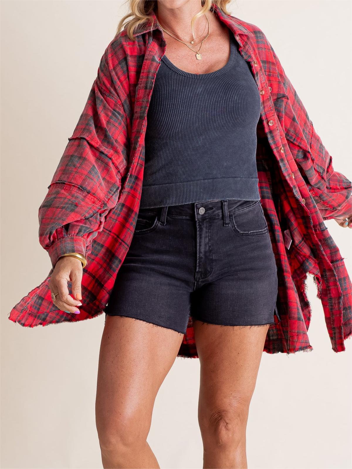 🔥Hot Sale 68% OFF🔥🏆Women's Mineral Washed Button Down Plaid Shirt-1