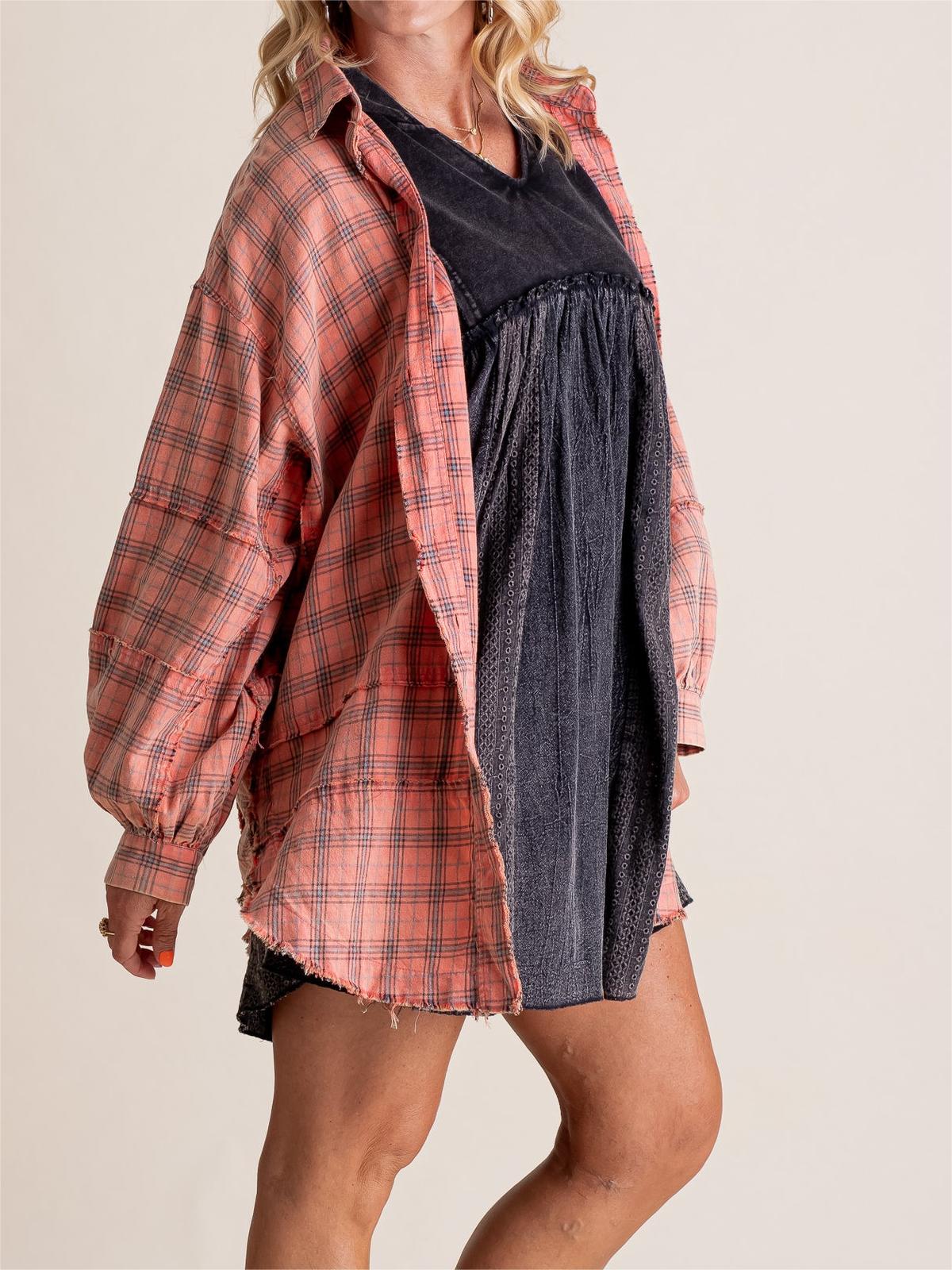 🔥Hot Sale 68% OFF🔥🏆Women's Mineral Washed Button Down Plaid Shirt-4