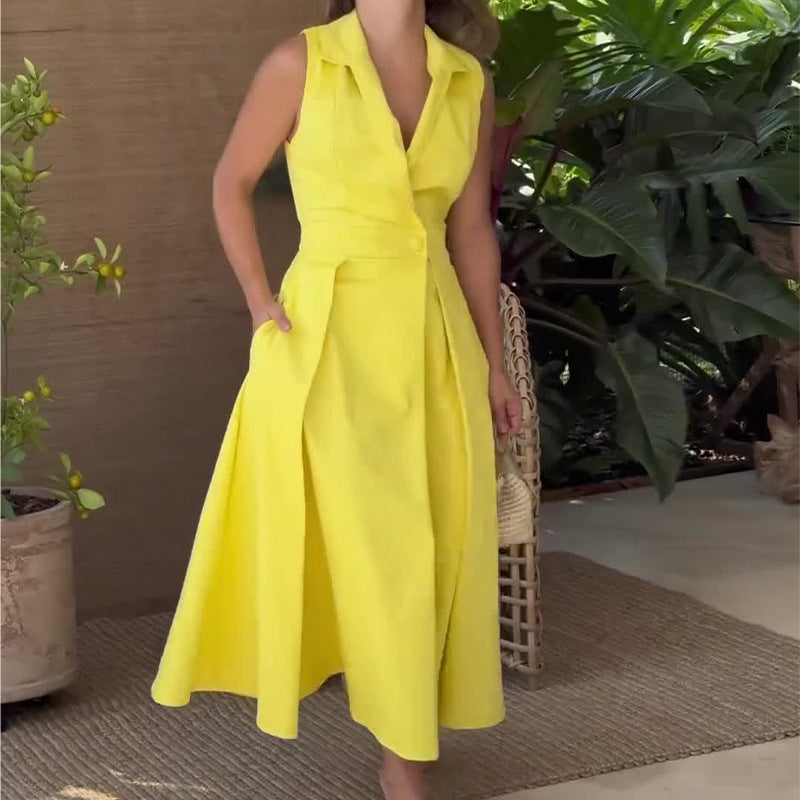 🔥Hot Sale 33% off💃Sleeveless Solid Color Lapel Midi Dresses✈️Buy 2 free shipping-10
