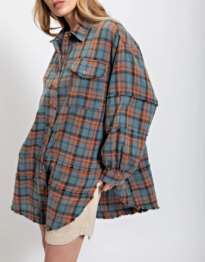 🔥Hot Sale 68% OFF🔥🏆Women's Mineral Washed Button Down Plaid Shirt-13