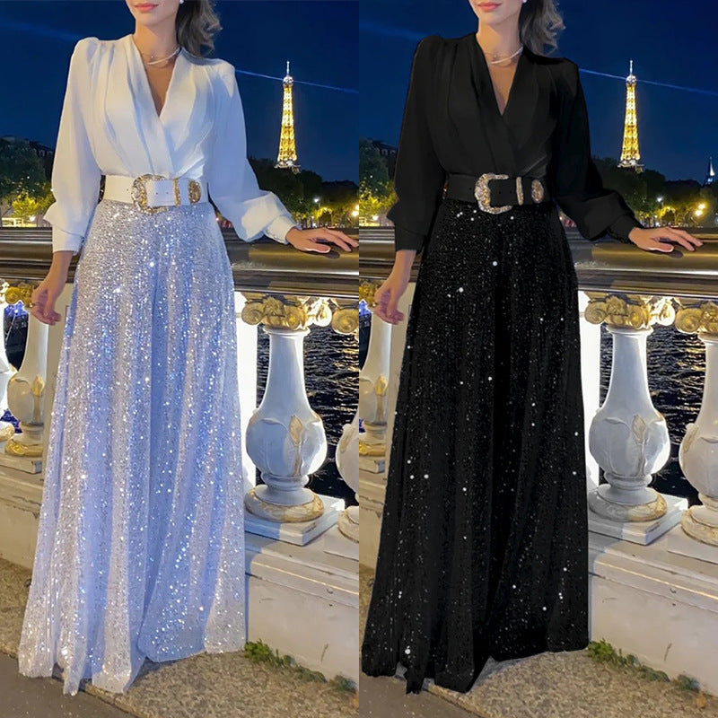 🔥HOT SALE-69% OFF💝Elegant long-sleeved blouse with V-neckline and wide sequinned jumpsuit trousers-4