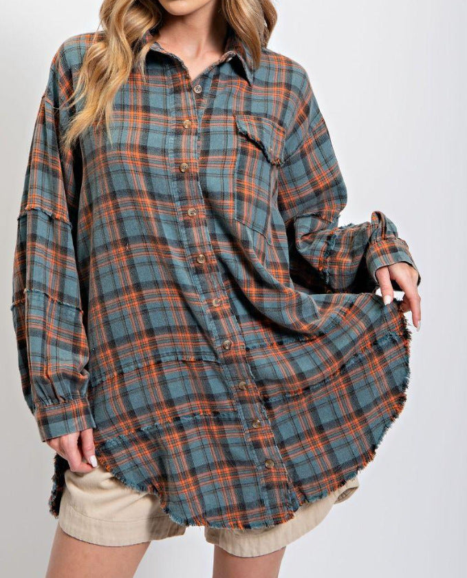 🔥Hot Sale 68% OFF🔥🏆Women's Mineral Washed Button Down Plaid Shirt-14