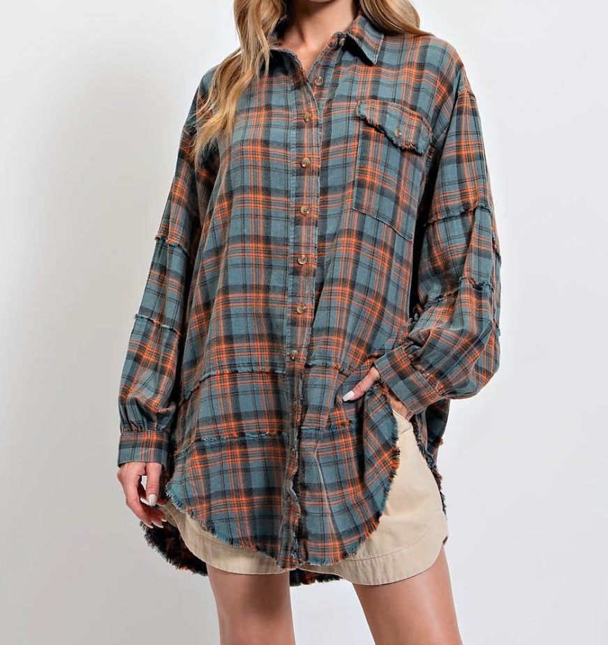 🔥Hot Sale 68% OFF🔥🏆Women's Mineral Washed Button Down Plaid Shirt-12