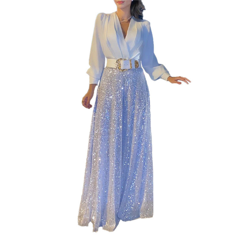 🔥HOT SALE-69% OFF💝Elegant long-sleeved blouse with V-neckline and wide sequinned jumpsuit trousers-5