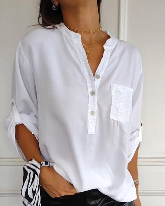 ⏳Limited Sale 51% OFF🌸Women's Sequin Patchwork V-neck Shirt-4