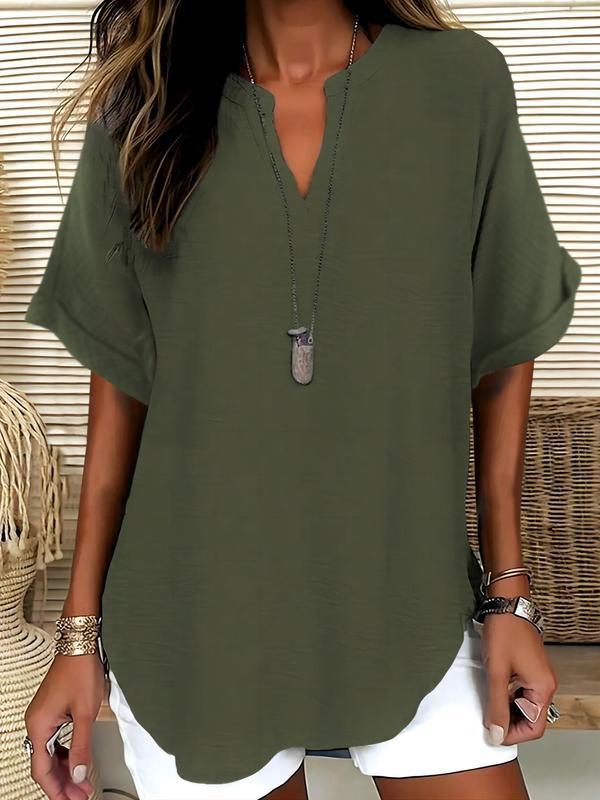💞50K+ SOLD!🌸Women's Plain Short Sleeve Blouse, Casual Solid Color Top for Daily Wear-4