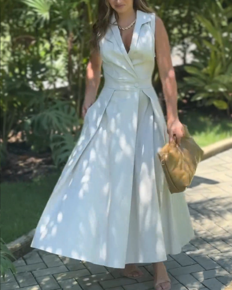 🔥Hot Sale 33% off💃Sleeveless Solid Color Lapel Midi Dresses✈️Buy 2 free shipping-9