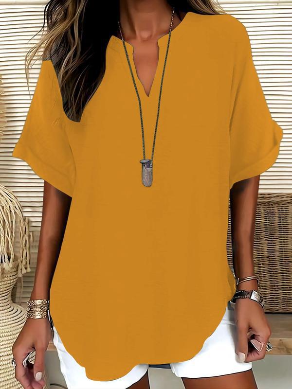 💞50K+ SOLD!🌸Women's Plain Short Sleeve Blouse, Casual Solid Color Top for Daily Wear-7