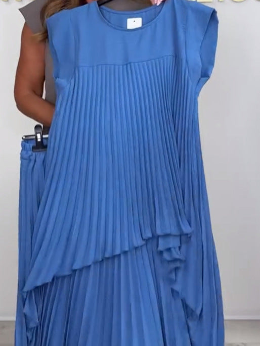 💖LAST DAY SALE 50% OFF💖Laney Pleated Short Sleeve Irregular Midi Top and Elastic Waist Wide Leg Pants Set✨-2