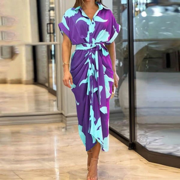 🔥SUMMER SALE 50% OFF💃Casual Lapel Neck Waist Print Shirt Dress-2