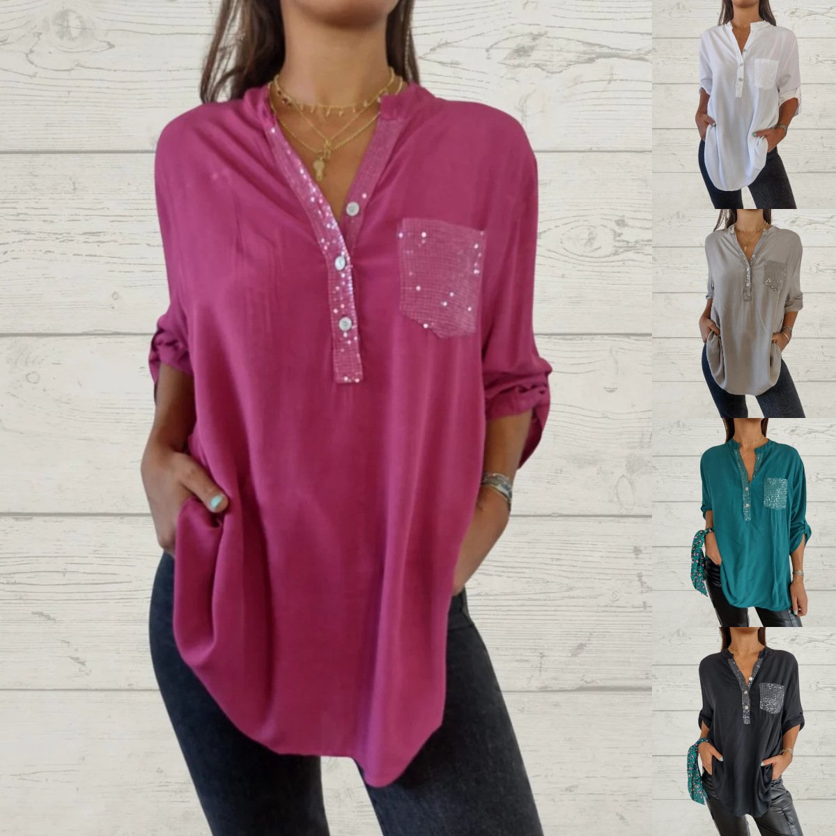⏳Limited Sale 51% OFF🌸Women's Sequin Patchwork V-neck Shirt-1
