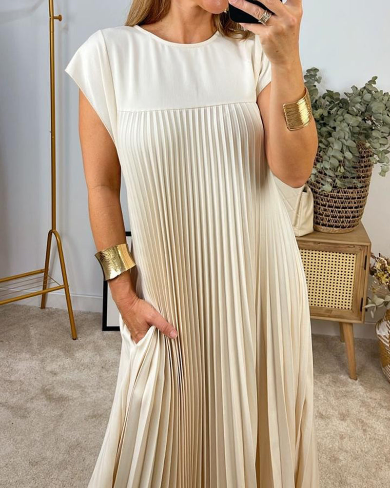 🔥HOT SALE🔥Sleeveless pleated simple solid colour dress-9