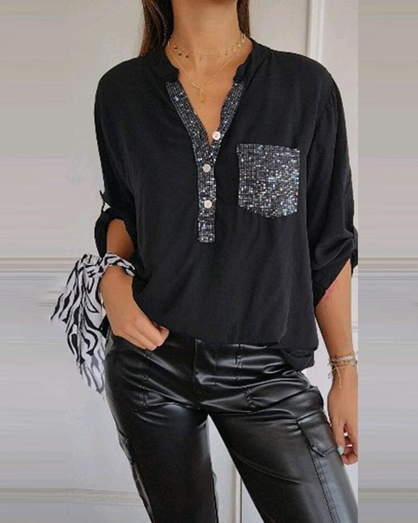 ⏳Limited Sale 51% OFF🌸Women's Sequin Patchwork V-neck Shirt-2