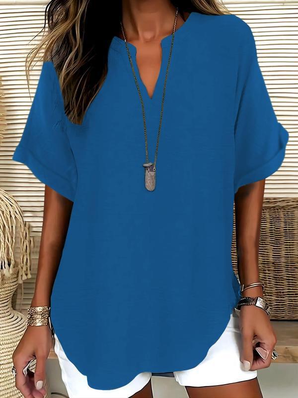 💞50K+ SOLD!🌸Women's Plain Short Sleeve Blouse, Casual Solid Color Top for Daily Wear-3