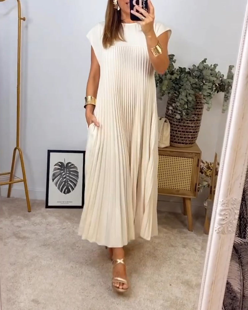 🔥HOT SALE🔥Sleeveless pleated simple solid colour dress-6