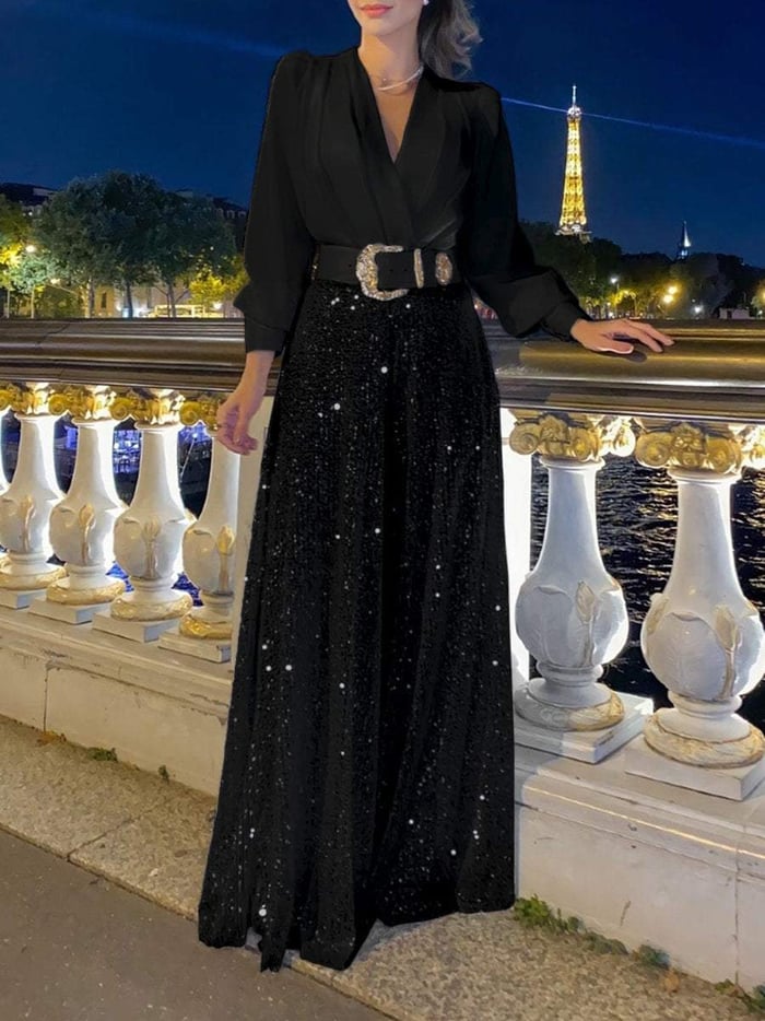🔥HOT SALE-69% OFF💝Elegant long-sleeved blouse with V-neckline and wide sequinned jumpsuit trousers-3