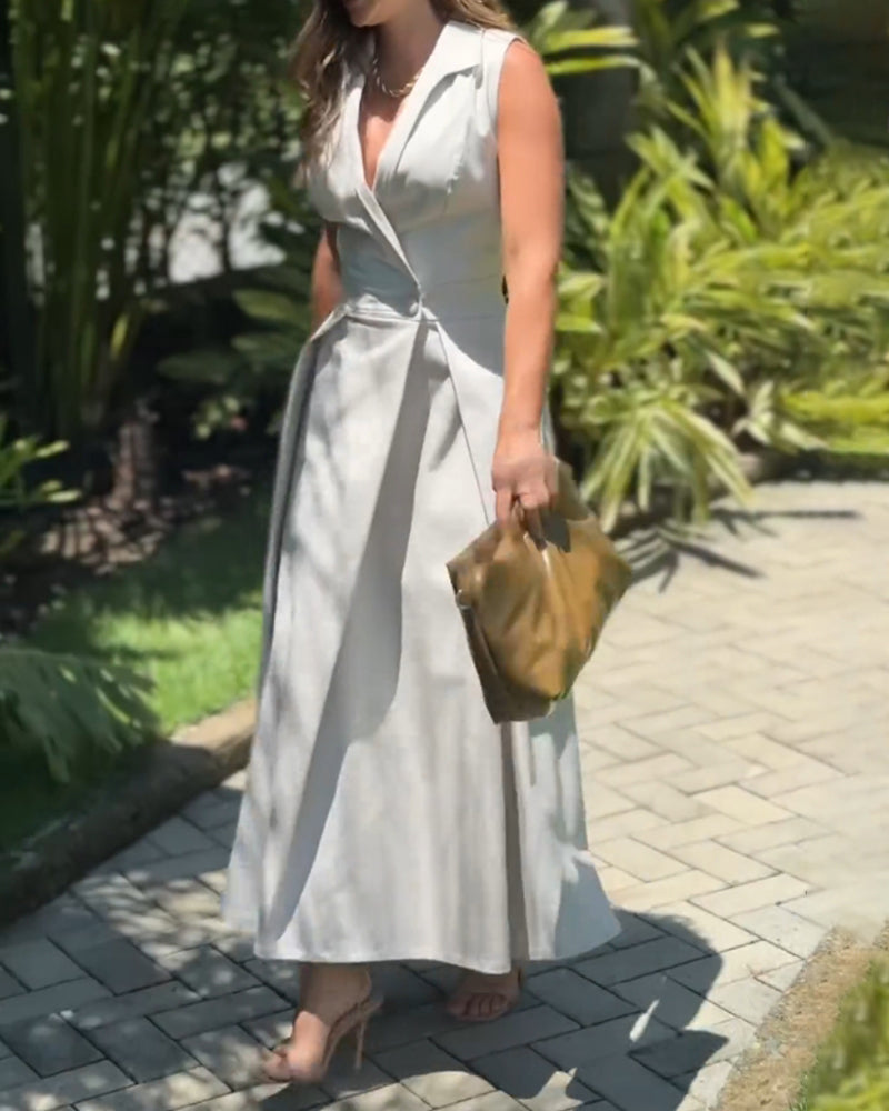 🔥Hot Sale 33% off💃Sleeveless Solid Color Lapel Midi Dresses✈️Buy 2 free shipping-8