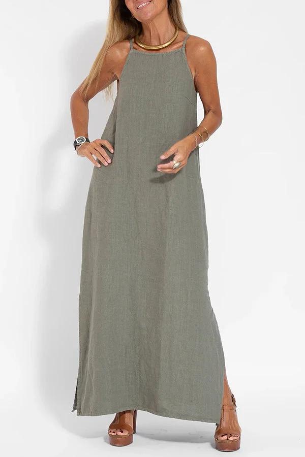💕Limited Time Offer 41% OFF💕Women's Casual Solid Color Halter Sleeveless Linen Dress-3