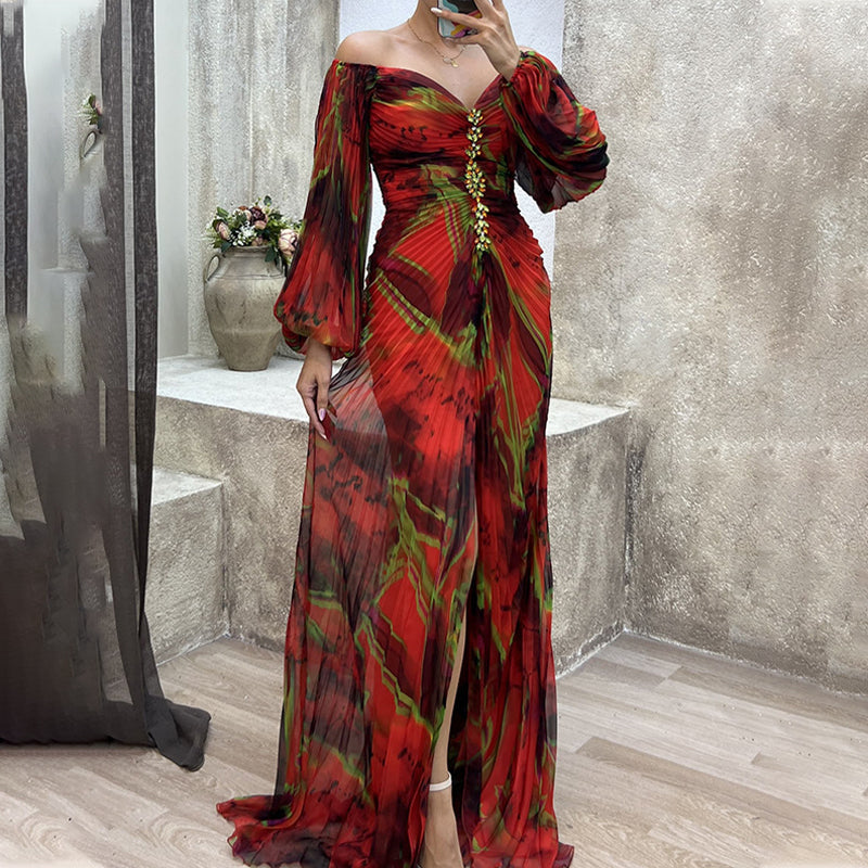 💃Women's Mixed Colors Strapless Pleated Front Split Dress-1