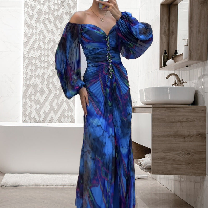 💃Women's Mixed Colors Strapless Pleated Front Split Dress-3