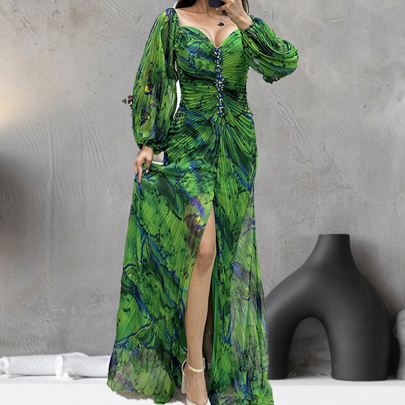 💃Women's Mixed Colors Strapless Pleated Front Split Dress-2