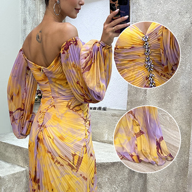 💃Women's Mixed Colors Strapless Pleated Front Split Dress-5