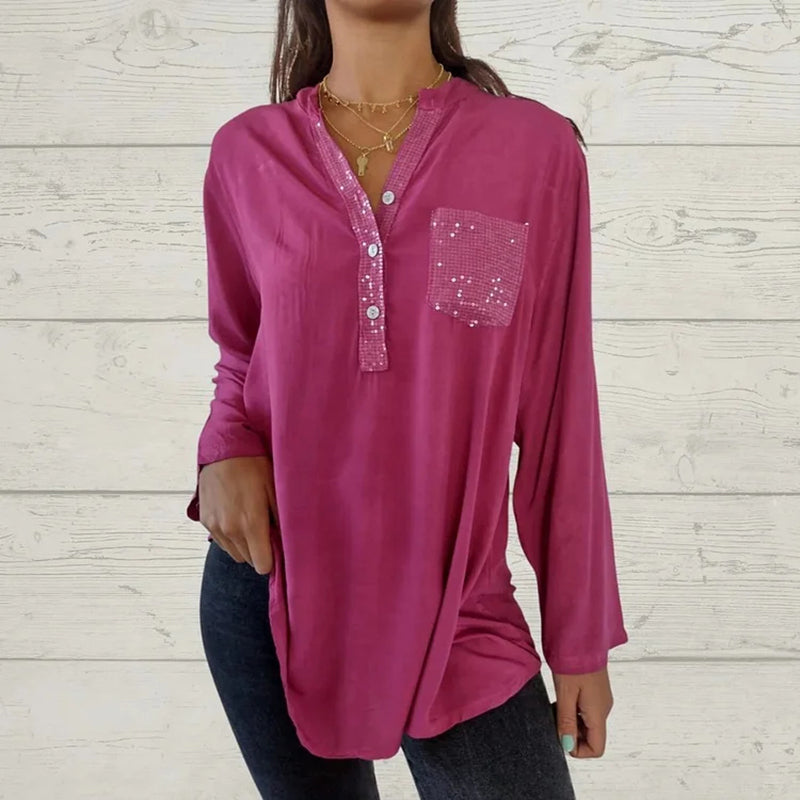 ⏳Limited Sale 51% OFF🌸Women's Sequin Patchwork V-neck Shirt-9