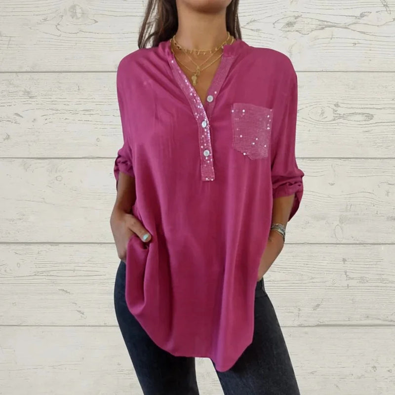 ⏳Limited Sale 51% OFF🌸Women's Sequin Patchwork V-neck Shirt-5