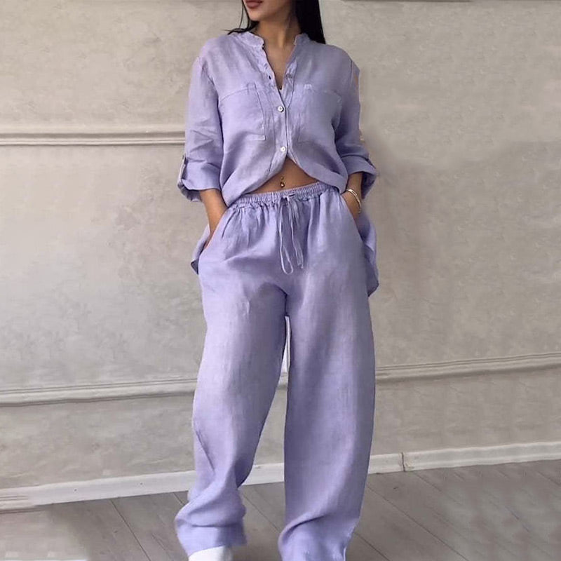 ⏳Limited Sale 50% OFF🌸Women's 2 Piece Outfits Button Down Shirt & Pants-4