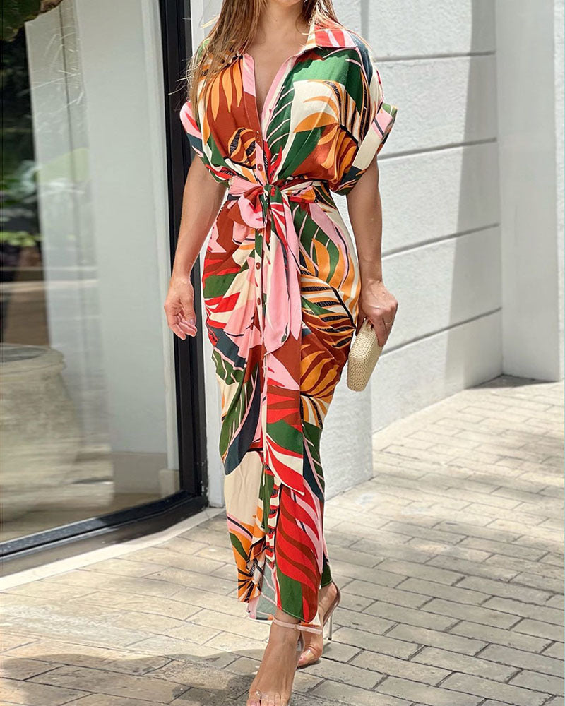 🔥SUMMER SALE 50% OFF💃Casual Lapel Neck Waist Print Shirt Dress-1