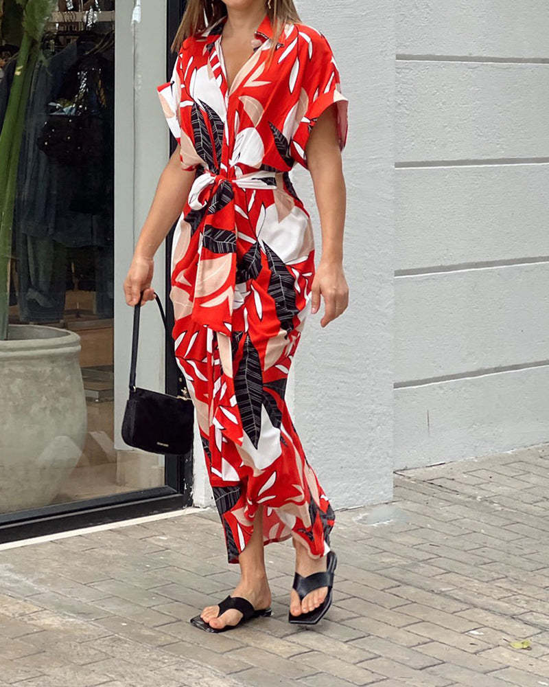 🔥SUMMER SALE 50% OFF💃Casual Lapel Neck Waist Print Shirt Dress-4