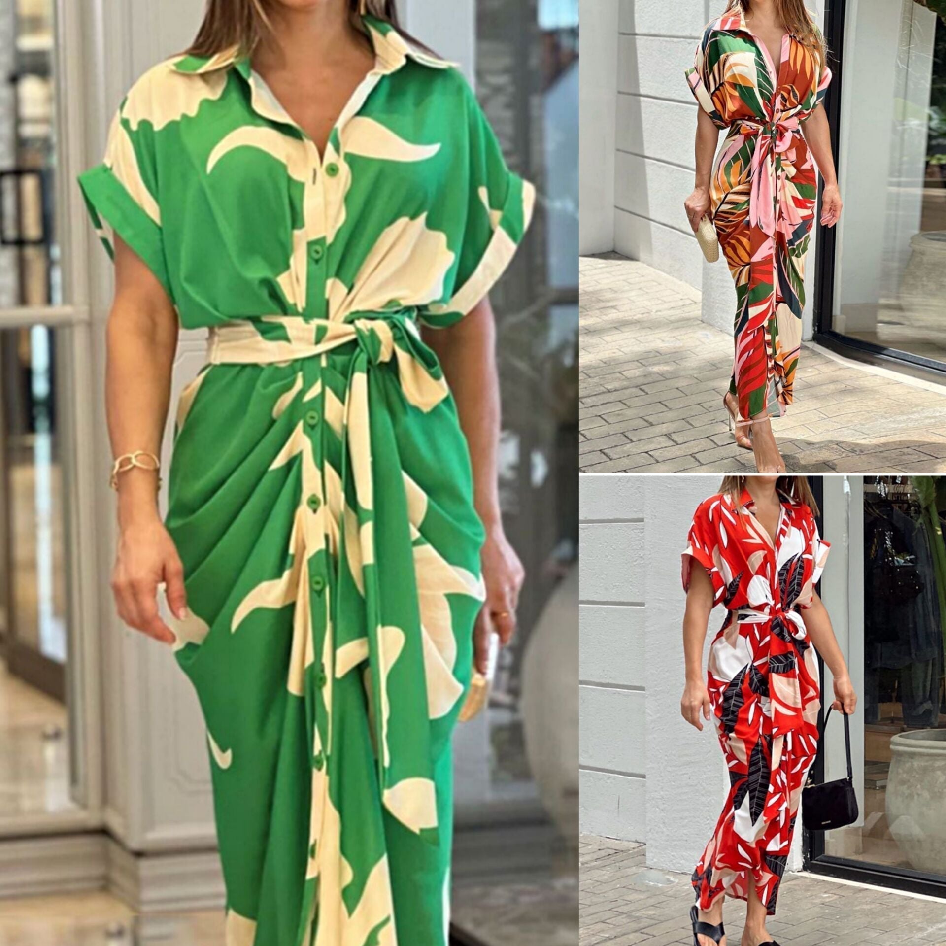 🔥SUMMER SALE 50% OFF💃Casual Lapel Neck Waist Print Shirt Dress-9