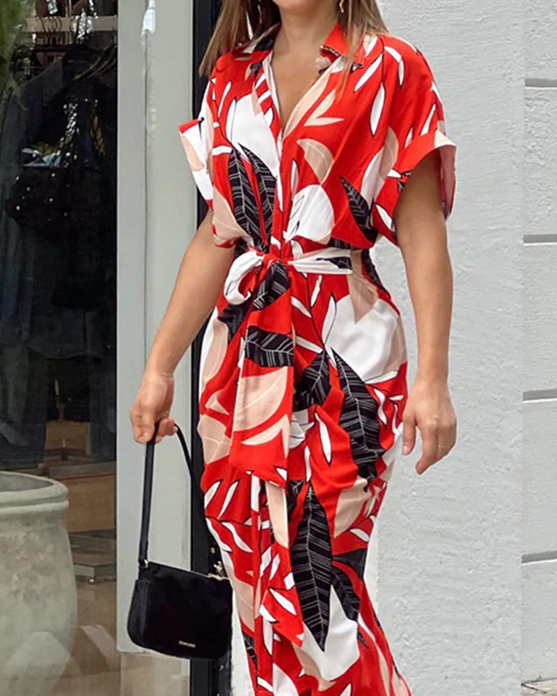 🔥SUMMER SALE 50% OFF💃Casual Lapel Neck Waist Print Shirt Dress-5