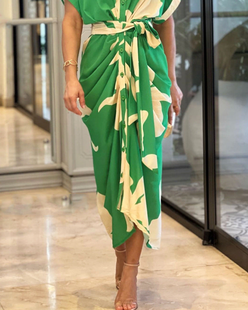 🔥SUMMER SALE 50% OFF💃Casual Lapel Neck Waist Print Shirt Dress-8