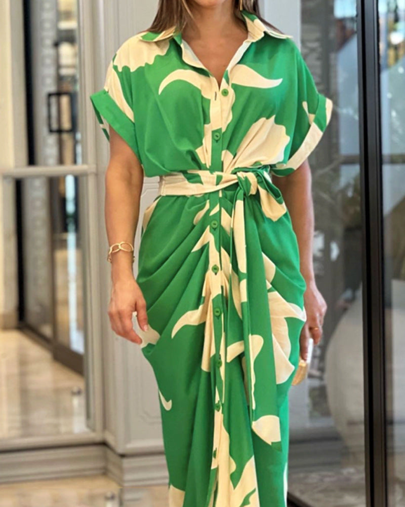 🔥SUMMER SALE 50% OFF💃Casual Lapel Neck Waist Print Shirt Dress-7