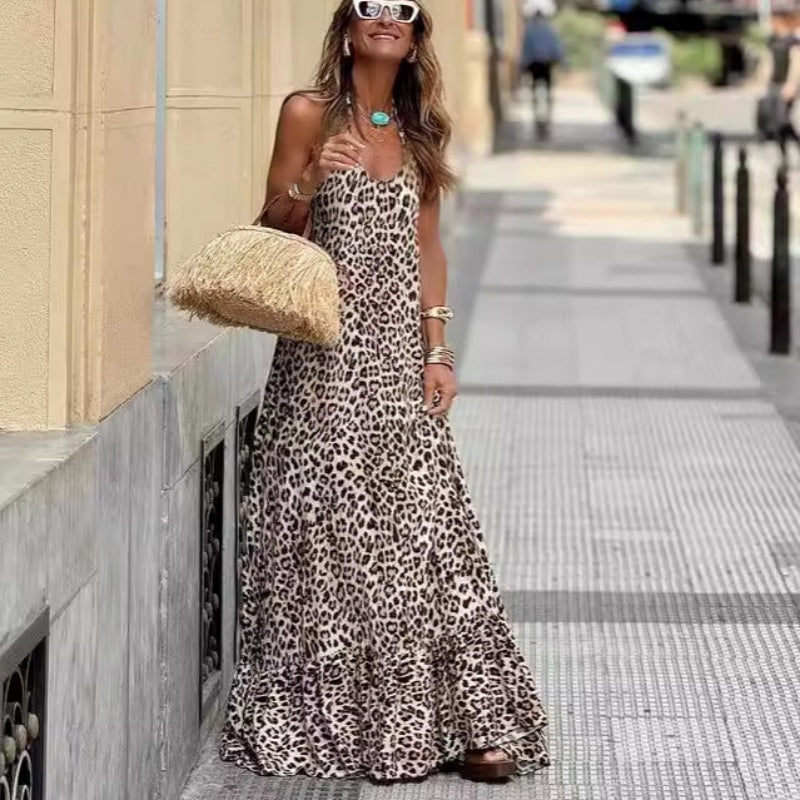 🔥2024 HOT SALE🔥Women’s Sexy Leopard Print Backless Halter Long Dress-1