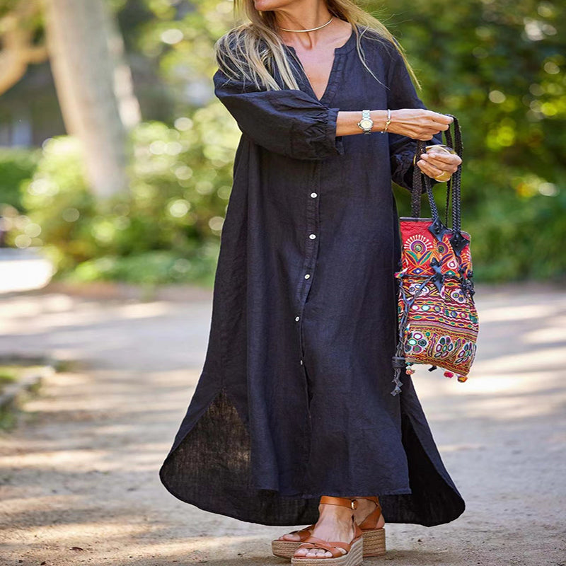 🔥2024 HOT SALE🔥🌸Women’s Minimalist Cotton Linen V-neck Long Dress-4