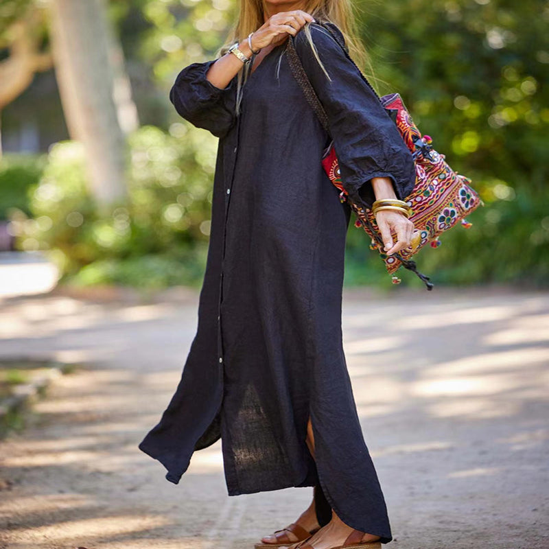 🔥2024 HOT SALE🔥🌸Women’s Minimalist Cotton Linen V-neck Long Dress-6