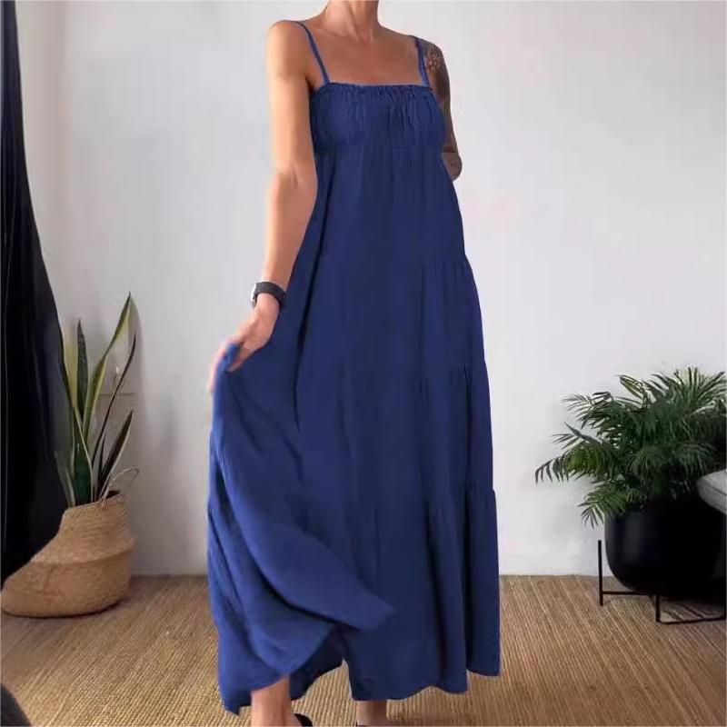 🔥2024 HOT SALE🔥Solid Color Pleated Breathable Spaghetti Strap Dress-5