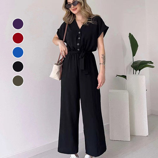 💖 Women's V-Neck Short-Sleeve Casual Jumpsuit