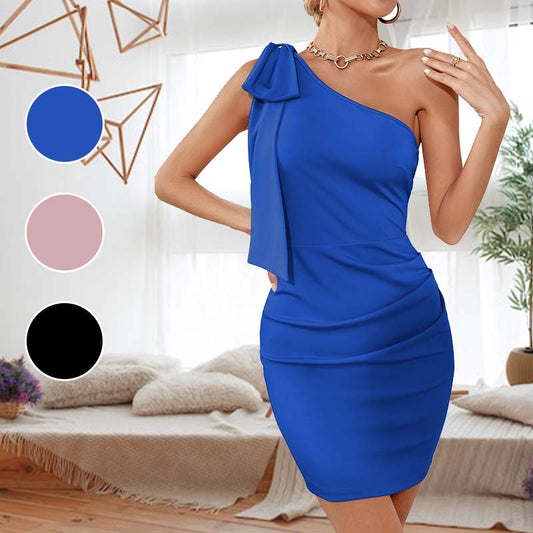 Women's Bow One Shoulder Pleated Bodycon Dress