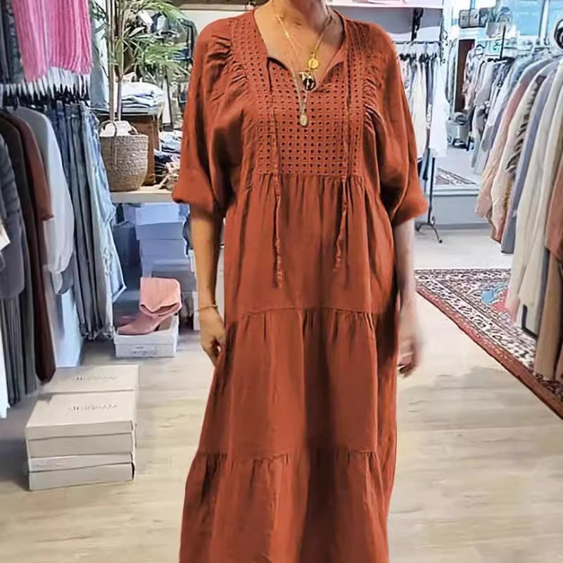 🌷Limited Time 58% OFF💞Women’s Tiered V-Neck Solid Half-Sleeve Long Dress-2