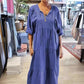 🌷Limited Time 58% OFF💞Women’s Tiered V-Neck Solid Half-Sleeve Long Dress-3