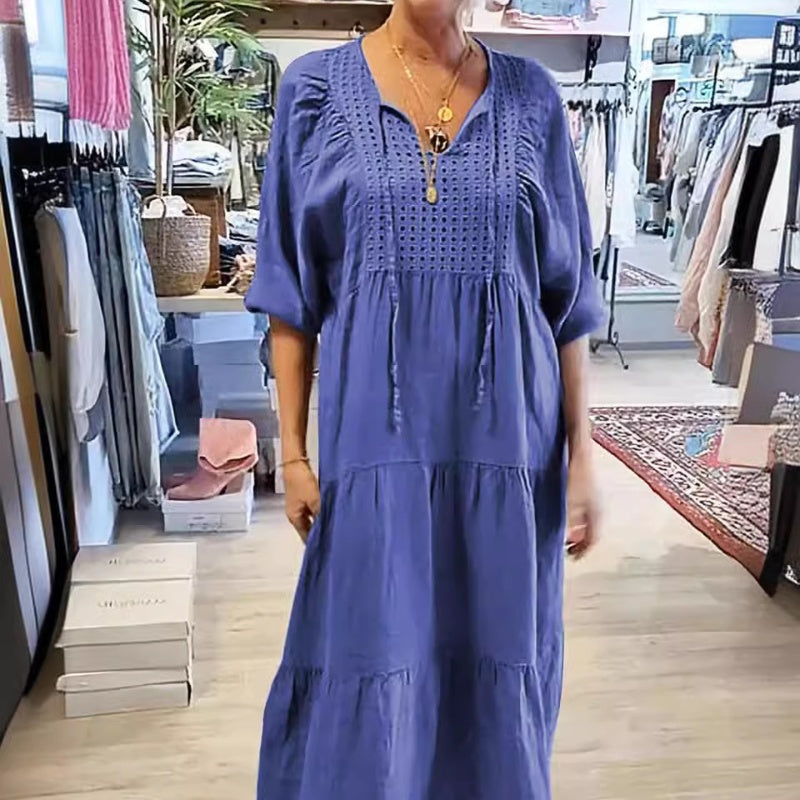 🌷Limited Time 58% OFF💞Women’s Tiered V-Neck Solid Half-Sleeve Long Dress-3