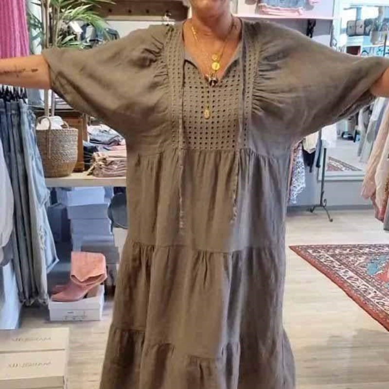 🌷Limited Time 58% OFF💞Women’s Tiered V-Neck Solid Half-Sleeve Long Dress-1