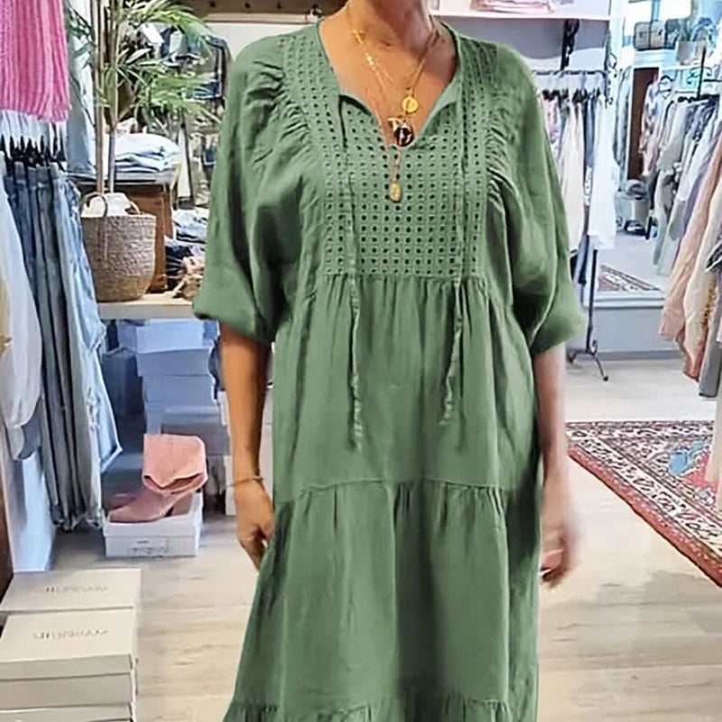 🌷Limited Time 58% OFF💞Women’s Tiered V-Neck Solid Half-Sleeve Long Dress-4