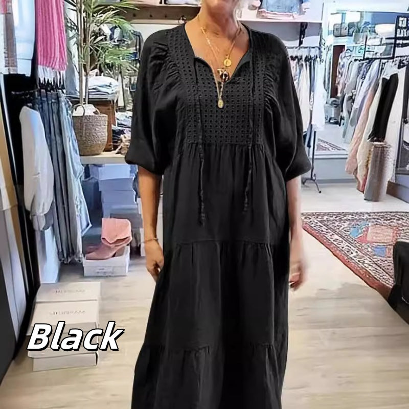 🌷Limited Time 58% OFF💞Women’s Tiered V-Neck Solid Half-Sleeve Long Dress-9