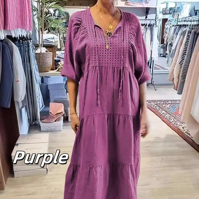 🌷Limited Time 58% OFF💞Women’s Tiered V-Neck Solid Half-Sleeve Long Dress-12